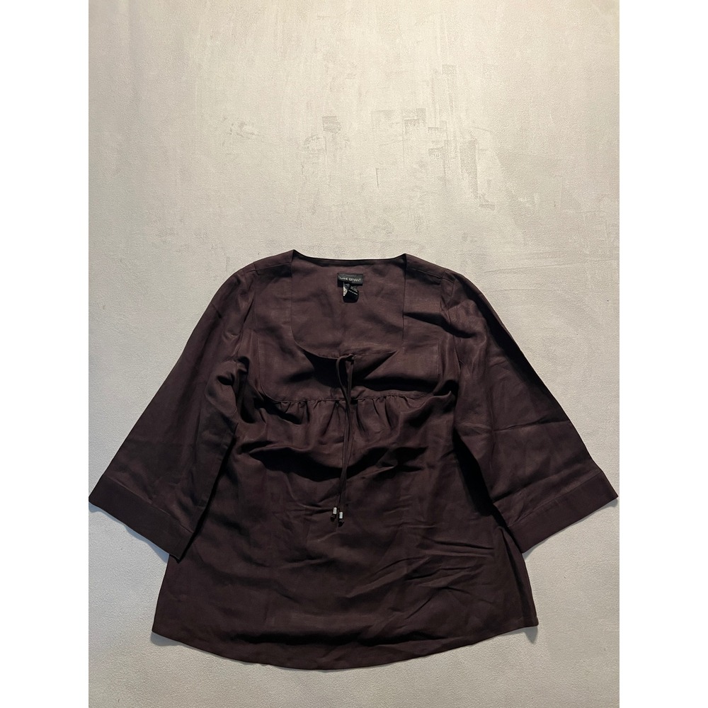 Lane Bryant Brown Linen Blend Tie Front Tunic Blouse Size 14/16 3/4 Sleeve